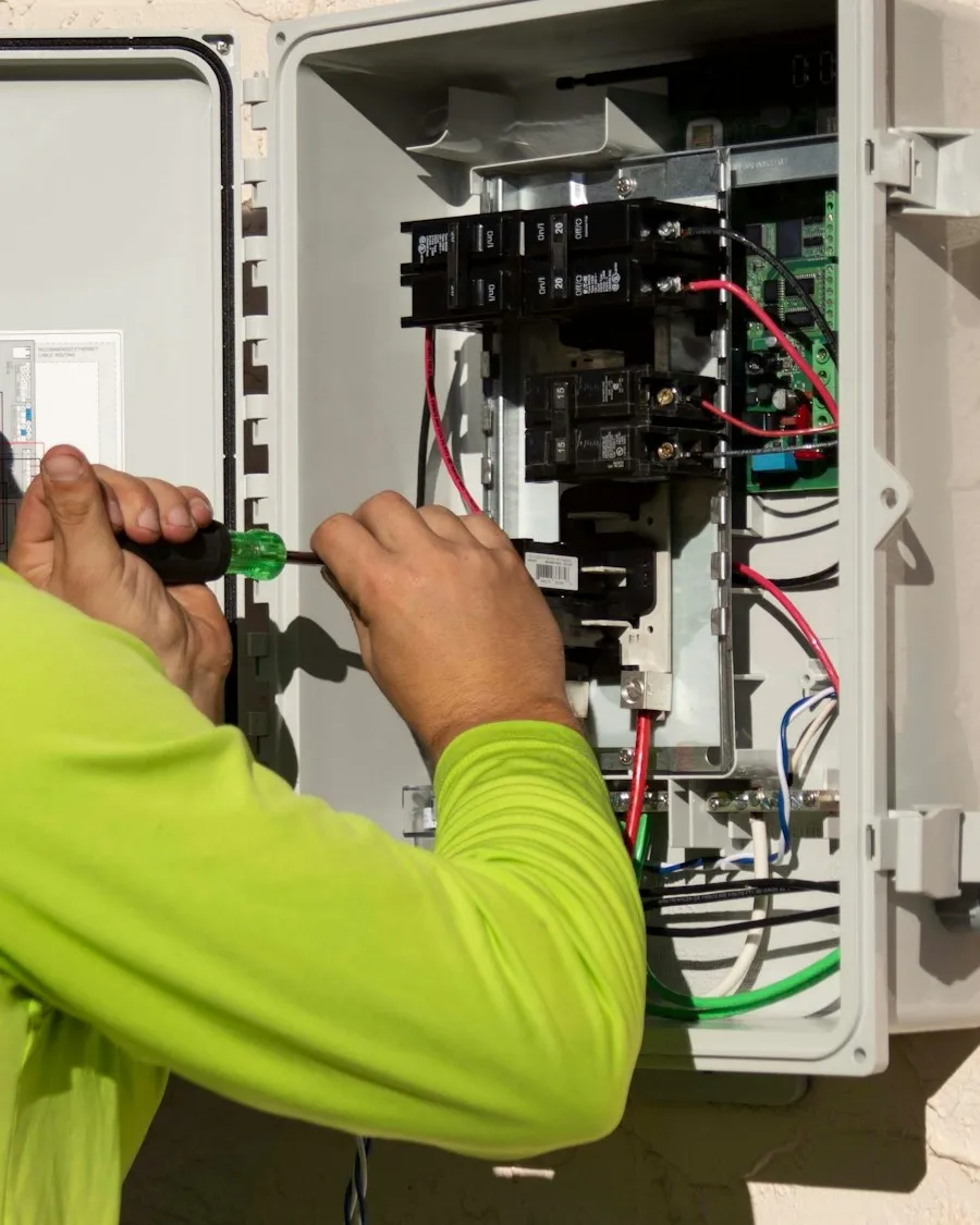 An electrician working inside a breaker panel.
