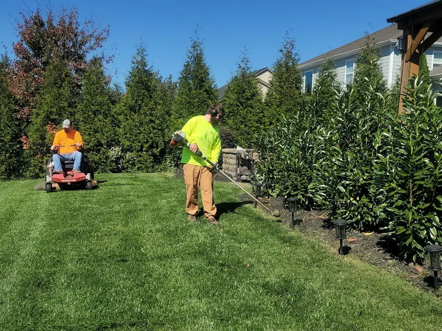 A two-person lawn crew mowing and trimming a yard.
