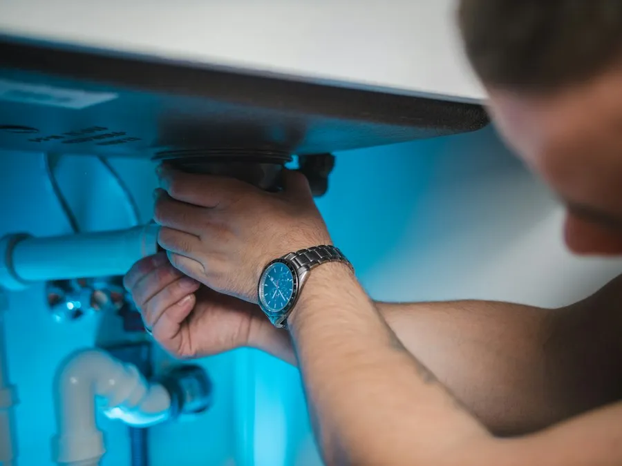 A plumber tightening a fitting under a kitchen sink.