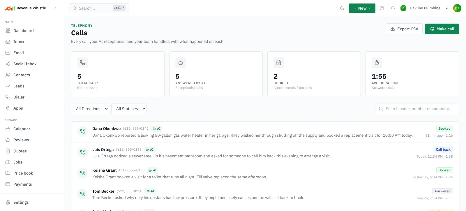The calls list: every call the AI receptionist answered, with the caller, a summary and what it booked.